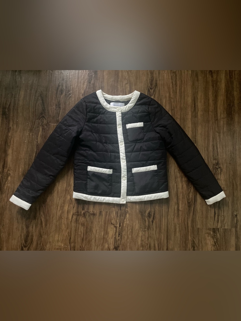 POPSUGAR Black Quilted Puffer Jacket with White Trim Size Small NWT